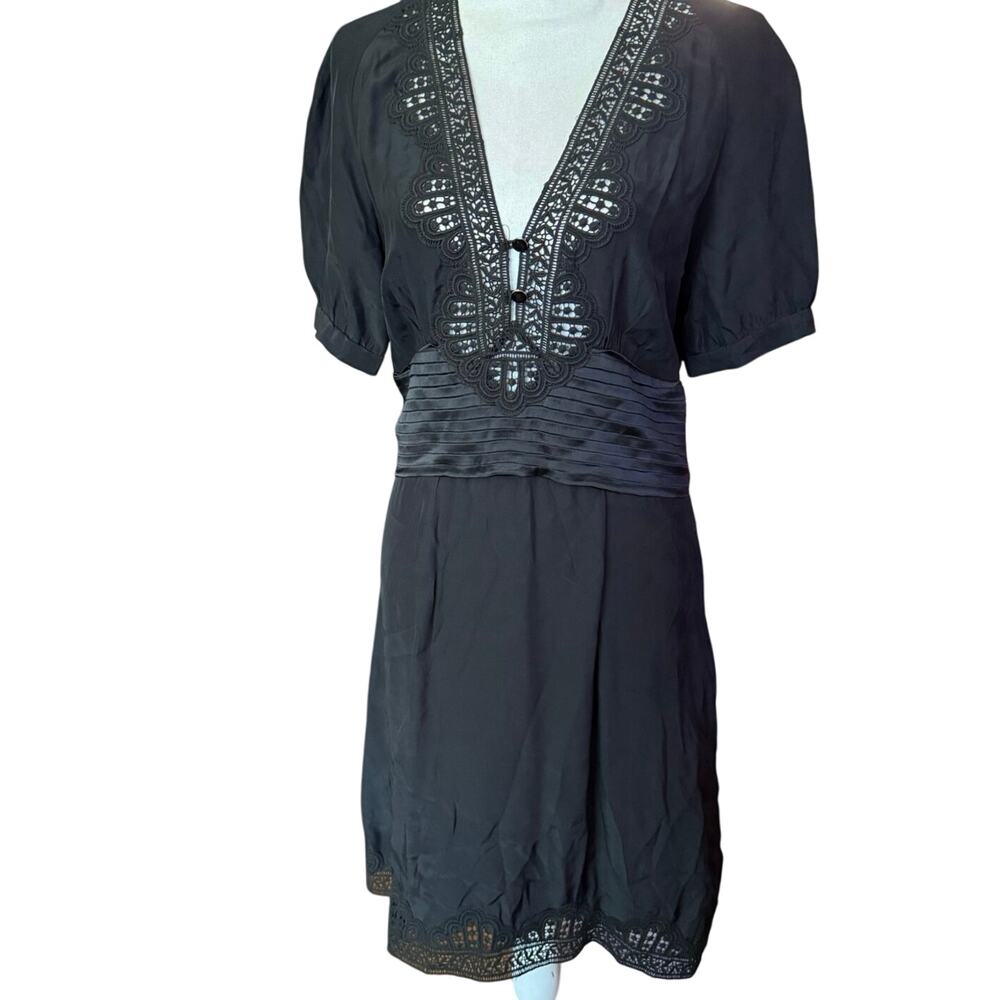 Thurley silk black sheath shirt dress lace trim short sleeve women’s size 10 - Picture 4 of 13